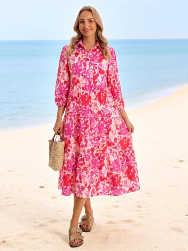Image of Wenrine Womens Casual 3 /4 Sleeve Shirt Dress Button Down Flowy Maxi Dress