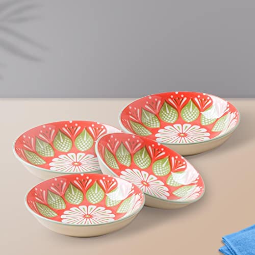 Image of Nestasia Ceramic Round Snack Plate Set of 4 (5.5 Inch Each) - Floral Dahi Bhalla Plate for Serving Chaat, Halwa, Chakna, & Desserts | Microwave & Dishwasher Safe Small Plate (Red & Green)