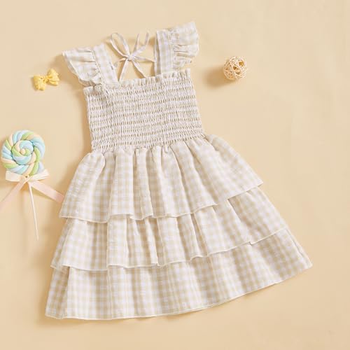 Little Girl Summer Dress Fly Sleeve Plaid Print Layered Smocked Dresses Cute Square Neck A-line Dress3