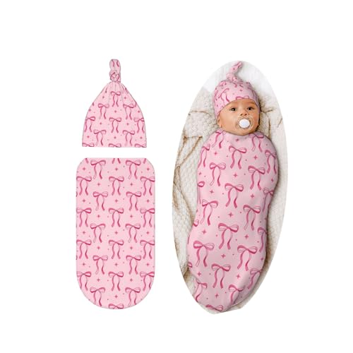 Image of Lcokin Pink Bow Baby Stuff Swaddle Blanket Hat Set, Newborn Receiving Blanket Shower Gift for Boys Girls