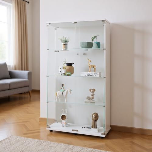 Vetrina in vetro salone, 164 x 80 x 36,5 cm Vetrina espositoria in vetro con serratura e 2 ante 4 ripiani vetrina trasparente grande vetrina da collezione per soggiorno bar (2 ante 4 strati, bianco)