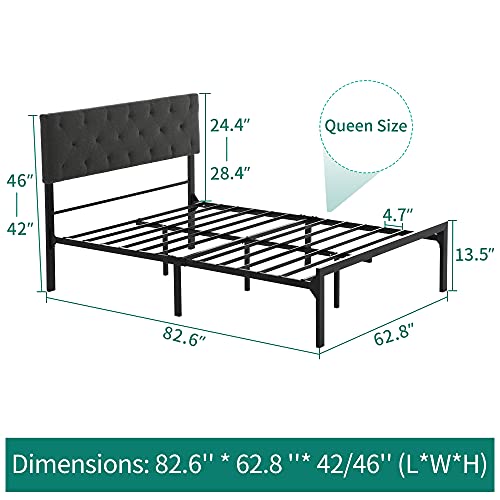 Yitahome Queen Bed Frame With Upholstered Headboard, Platform Bed Frame With Metal Slats, Diamond Stitched Square Headboard, Adjustable Height, No Box Spring Needed (Queen) #TOP6