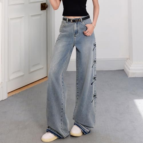 Fashion Women's Jeans Y2K High Waist Casual Vintage Baggy Straight Cut Cute Bow Embroidered Denim Pants2
