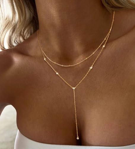 Layered Necklaces for Women,Dainty 14K Gold Plated Long Lariat Necklace Stack Simple Chain Pendant Necklace Fashion Accessories Long Necklaces for Women Trendy Gold Jewelry2