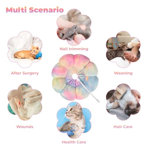 Image of Flower Cat Cone, Uadonile Adjustable Dog Cone Collar, Soft Dog Elizabethan Collar Recovery E Collar After Surgery, Recovery E-Collar for Kittens /Puppies and Cats Recovery(Tie-dye Pink Blue, L)