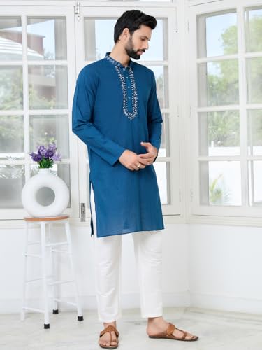 Image of See Designs Men's Full Sleeve Mandarin Collar Ethnic Motifs Embroidered Sequinned Mandarin Collar Straight Long Kurta with Pyjama - Festive Collection