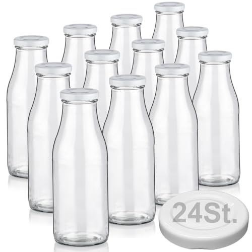 Geniess-Bar! 12 Milchflaschen 500ml mit 24 Deckel BPA frei Saftflaschen Glasflaschen 0,5L erhältlich mit 2/4/6/9/20 Flaschen Weithalsflaschen leer zum Befüllen Schraubdeckel