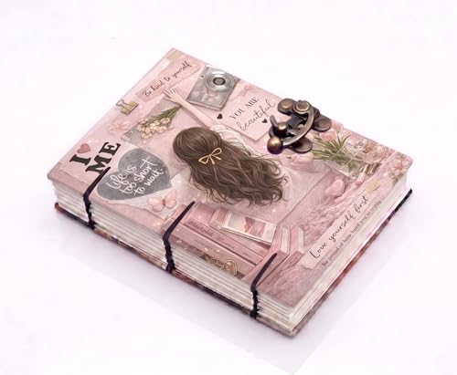 Image of Vintage Aesthetic 'Love Yourself' Personal Journal - A5 Handmade Pink Diary with Antique Metal Lock, 200 Unruled Pages, Hardcover Hand-Stitched Notebook for Girls & Women, Sketching & Daily Notes