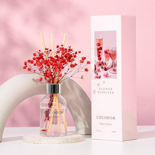 Image of COCODOR Flower Reed Diffuser Set / 3.4oz / Black Cherry /Scent Diffuser with Sticks Home Fragrance Reed Diffuser for Bathroom Shelf Decor
