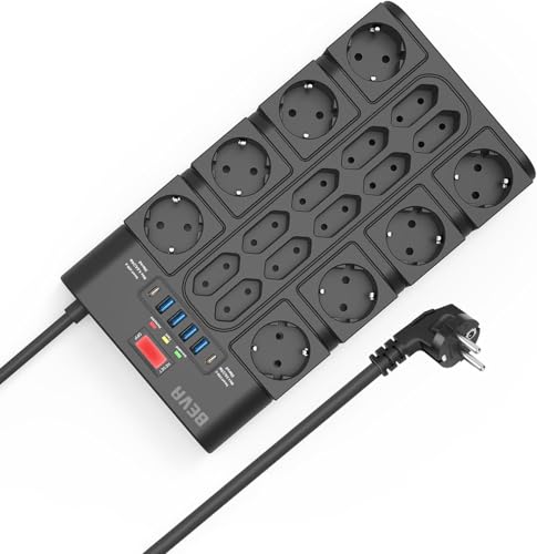 18 Fach Steckdosenleiste 3680W/16A mit 2100J Überspannungsschutz +2M Kabel, BEVA Mehrfachsteckdose mit 2 USB-C (15W)+ 4 USB-A, Mehrfachstecker mit Schalter, Steckdose für Büro, zu Hause