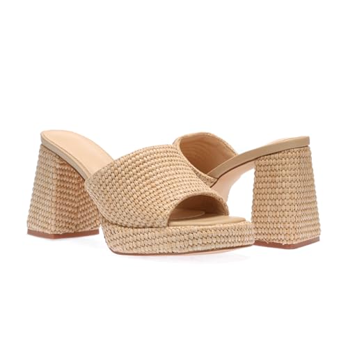 Image of Monrovia Raffia Platform Sandals for Women Slip-On Espadrille Wedges Slides, Flatform Woven Straw Summer Vacation Beach Shoes