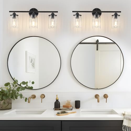 Image of Jonsi Black Bathroom Light Fixtures 3-Light Vanity Lights Modern Wall Sconce with Clear Glass Shade Bathroom Light Fixture Over Mirror for Bedroom Hallway Kitchen
