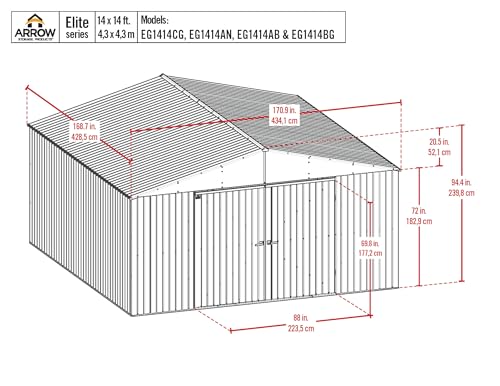 Image of Arrow Shed Elite 14' x 14' Tall Outdoor Steel Storage Shed with High Gable and Lockable Doors Storage Building, Anthracite
