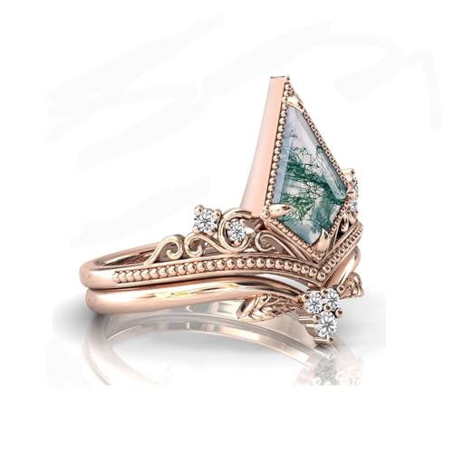 Natural Moss Agate Engagement Black Ring Set for Women 925 Sterling Silver Genuine Green Moss Agate Bridal Rings Set for Her with Engraving Moss Agate Promise Wedding Ring Set Size 4-154