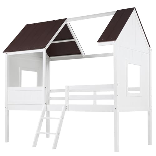 Sweetcrispy Wooden House Bed Frame for Girls Boys, Toddler Floor Bed with Window, Detachable Roof, 2-Step Ladder & Safety Guardrail, Montessori Kids Loft Bed for Bedroom