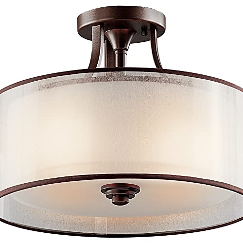 Kichler Lacey 15" 3 Light Semi Flush With Satin Etched Cased Opal Inner Diffusers And Light Umber Translucent Organza Outer Shade In Mission Bronze #TOP7