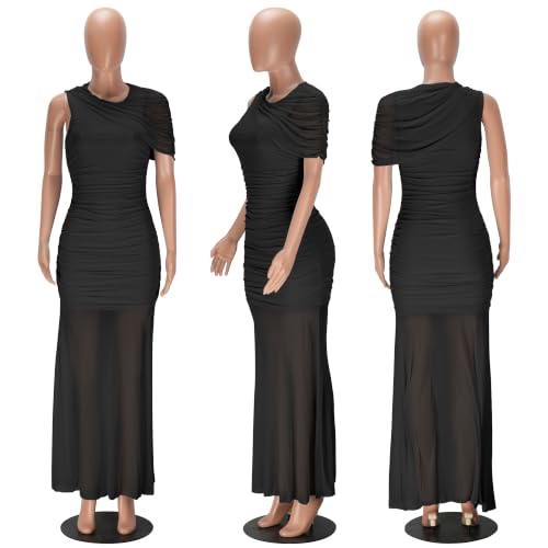 Image of PORRCEY Women's Sexy Rhinestone Lace Sheer Mesh Formal Evening Dress