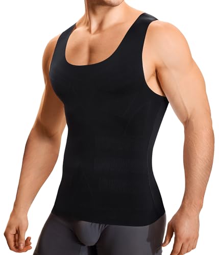 TAILONG Black Compression Shirt Men - Slimming Undershirt Body Shaper Vest, Gynecomastia Compression Tank Top Shapewear Tummy Control