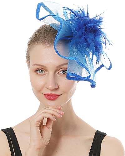 Fascinators Hats Flower Hair Clip Feathers Tea Party Wedding Derby Cocktail Mesh Pillbox Headwear for Women-Royal Blue-03