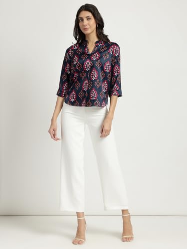 Image of FableStreet Women Shirt Work & Casual | Relaxed Fit Mandarin V-Neck Three-Quarter Sleeves Solid Pattern | Breathable Woven Fabric for Office & Everyday Wear