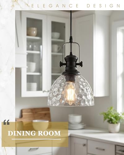 Image of 2-Pack 7.5 inch Black Pendant Light Fixtures, Hammered Glass Shade | Farmhouse Vintage Hanging Light Fixture for Kitchen Island Dining Room, Adjustable Height, E26 Base, AD-22151-1P2-BK-H