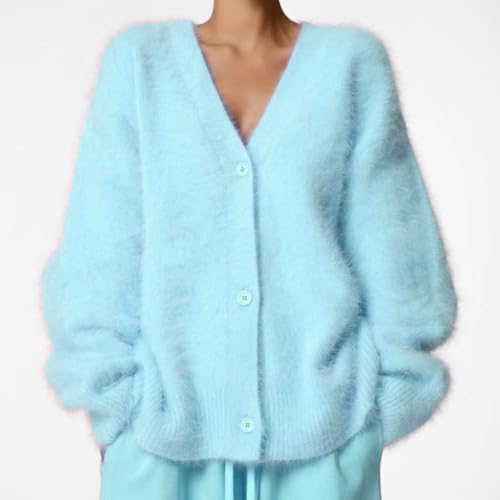 Image of Womens Fuzzy Sweaters Cardigan V-Neck Button Down Oversized Mohair Sweater Casual Y2k 2026 Fall Winter