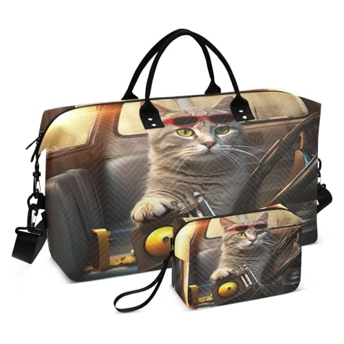 Weekender Bags for Women,Foldable Driver Cat Travel Duffel Bag with Trolley Sleeve Travel Tote Gym Bag with Toiletry Bag