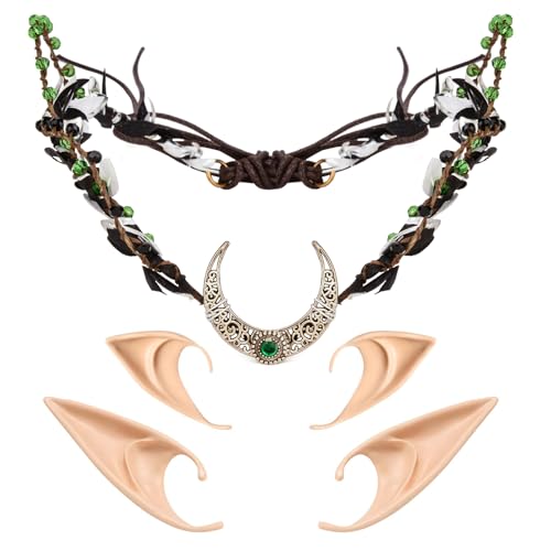 Merroyal Juego de corona de hadas y orejas de elfo, tocado de luna creciente del bosque con 2 pares de orejas de élfico suaves, accesorio de cosplay para festival renacentista (negro plateado)