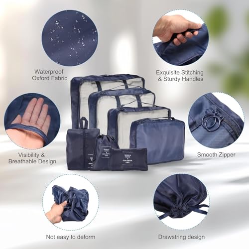Image of 7 Pcs Travel Organizer Bag Set for Luggage | Waterproof Packing Cubes for Clothes, Shoes & Toiletries | Foldable Travel Storage Bags for Men & Women | Black Travel Pouch Set (DARK BLUE)