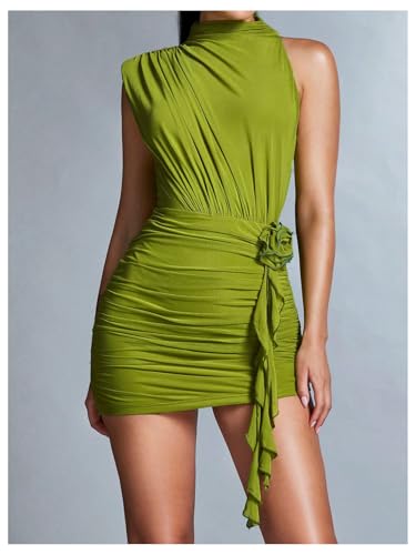 GORGLITTER Women's Flower Asymmetrical Bodycon Mini Dress Mesh Mock Neck Sleeveless Summer Cute Cocktail Prom Dresses3