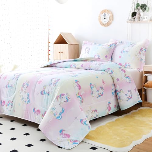 Image of Yibeizi Unicorn Comforter Set Twin Rainbow Lightweight Bedding