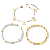 Qceasiy Shell Ankle Bracelet Set for Women, Gold Plated Boho Bead Adjustable Anklet, Hawaiian Beach Seashell Pearl Heart Starfish Conch Foot Jewelry Gifts (Disc 3Pcs)