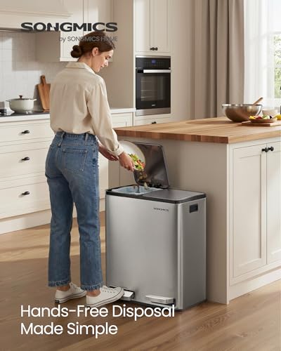 Image of SONGMICS Trash Can, Double Compartment Garbage Can, Stainless Steel | 2 X 8 Gallon (2 x 30 L) for Recycling, with 15 Liner Bags, Soft-Close Lids, Removable Buckets, Silver ULTB160EZ01