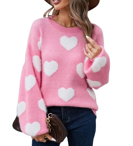 Image of Women's Cute Heart Sweater Love Print Valentine Romantic Knitted Top Casual Crewneck Long Sleeve Sweaters Pullover