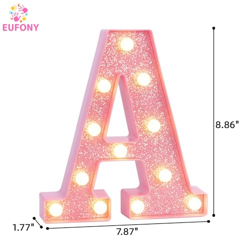 Image of Pink Marquee Light Up Letters, Glitter Alphabet LED Letter Lights for Pink Birthday Party Decorations, Battery Operated Letter Sign for Girls Room Vanity Table Decor, Warm White Lights Letter A