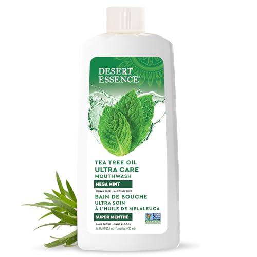 Desert Essence Natural Tea Tree Oil Ultra Care Mouthwash - Mega Mint - 16 Fl Oz - Freshens Breath - Defends Against Sugar Acids - Vitamin C - Soothes Gums - Whitening Floss - Removes Food Debris