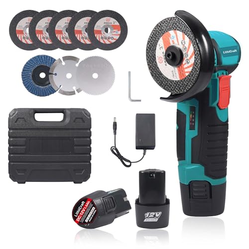 Mini Amoladora Angular Inalámbrica 12V, 76mm Motor Sin Escobillas 19500 RPM, Con 2 Baterías y 8 Discos, Radial Pequeña Cortadora Eléctrica para Metal, Madera y Azulejos