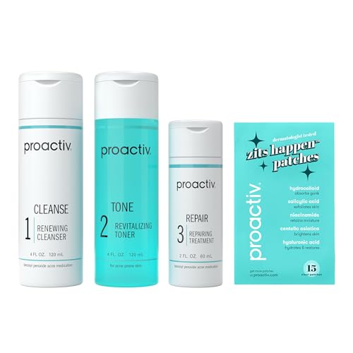 Proactiv 3 Step Acne Treatment System, 60 Day Complete Skincare Kit with Benzoyl Peroxide Cleanser, Toner, Repairing Treatment, and 15‑Count Pimple Patch