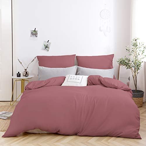 MOHAP Housse de Couette 220x240cm+2 Taies d'oreillers 65x65cm Vieux Rose Parure de Lit Adulte 2 Personnes 100 Fils/cm² en Microfibre avec Fermeture Éclair