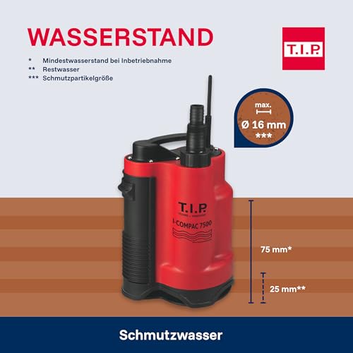 T.I.P. Drainage-Tauchpumpe I-Compac 7500 Kunststoff mit Schwimmerschalter für Schmutzwasser 400W Rot, 30190