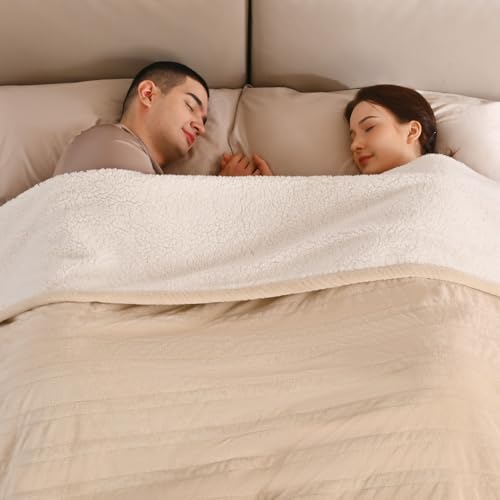 Image of Bearhug Electric Blanket King Size with Dual Controls, 10 Heat Levels & 1-12H Auto Shut-Off, Fast Heating Soft Velvet to Sherpa Heated Blanket for Couples, Machine Washable, Beige