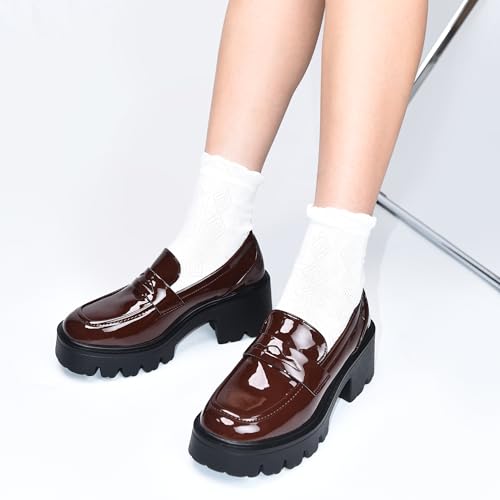 Image of Black Penny Loafers for Women - Women's Slip-On Platform Patent Leather Loafers, Chunky Comfort Shoes for Work & Dressy Occasions