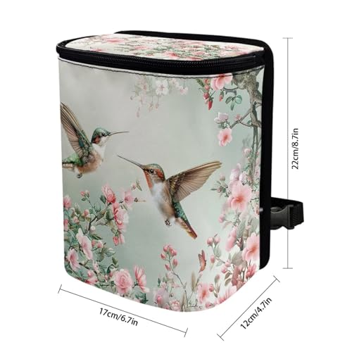 Image of Talayituse Hummingbird Floral Print Car Trash Can with Lid, Leak Proof Auto Trash Bag Hanging Vehicle Garbage Can Multipurpose Storage Container for Back Seat Road Trip