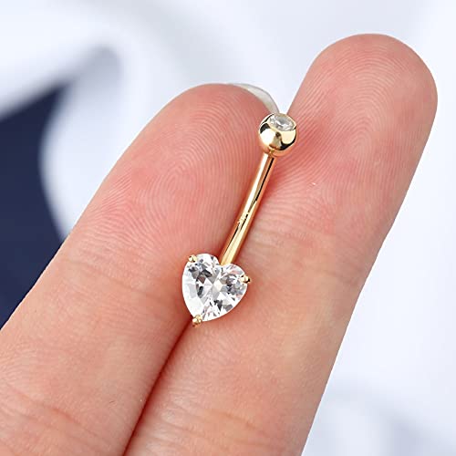 OUFER Belly Navel Rings - 14K Solid White Gold Heart Solitaire Cubic Zirconia Belly Button Rings2