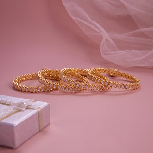 Image of Gold Plated Kundan Bangle Set for Women | Teardrop Stone Bangles with Pearl Beaded Latkan Charm Ethnic Wedding Jewellery | Bangle Set of 4 for Women & Girls
