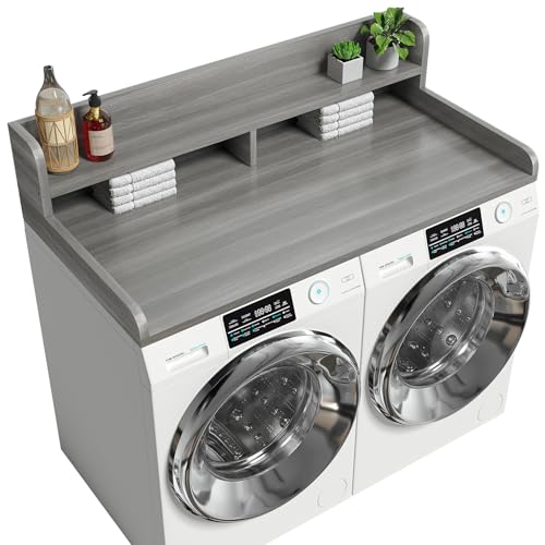 Corbyles 2-Tier Washer Dryer Countertop with 2.75'H Edge Rails, 54' W x 27.55' D Laundry Countertop for Folding Clothes, Washer and Dryer Topper with Non-Slip Pad (Stripe Gray)