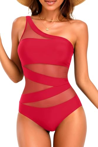 Image of Tempt Me Women One Piece Swimsuit - One Shoulder Bathing Suits Sexy Cutout Mesh Swimwear