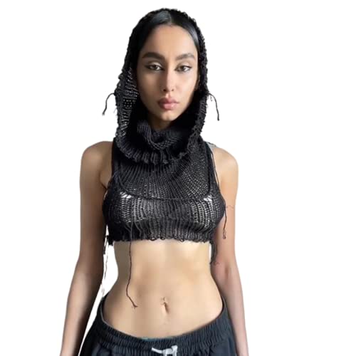 Women's Knitted Hoodie Sweater Vest Sexy Sleeveless Hollow Out Hooded Crop Top Draped Sweatshirt Streetwear