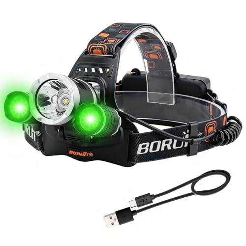 BORUIT RJ-3000 Upgraded LED Rechargeable Headlamp Super Bright White & Green Light Hunting Headlight 3 Modes Waterproof Head Lamp for Hunting Fishing Camping Hiking Night Running
