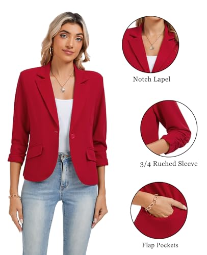 Women's Work Office Cropped Blazer 3/4 Sleeve Pad Shoulder Notched Collar Lightweight Stretch Jacket with Pockets4